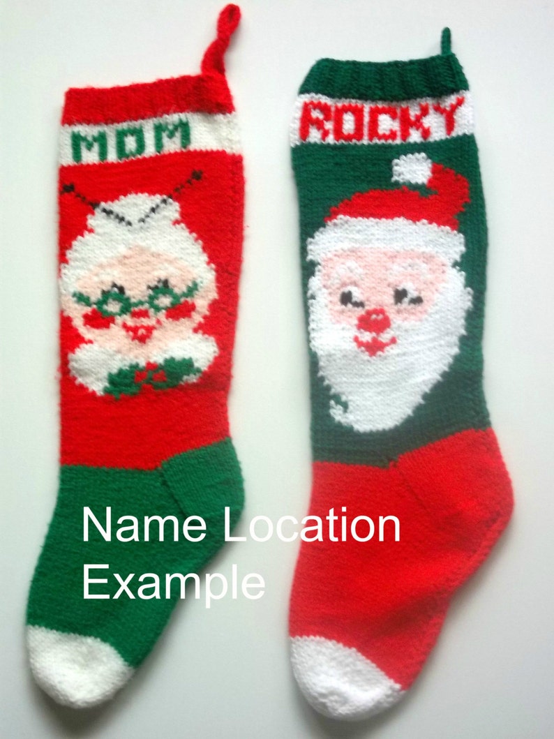 May include: Two knitted Christmas stockings, one red with green trim and the name "MOM" on it, and the other red with green trim and the name "ROCKY" on it. Both stockings feature a white knitted Santa Claus face.