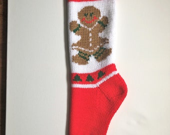Gingerbread Girl with Green Bells Hand-Knit Christmas Stocking; Red