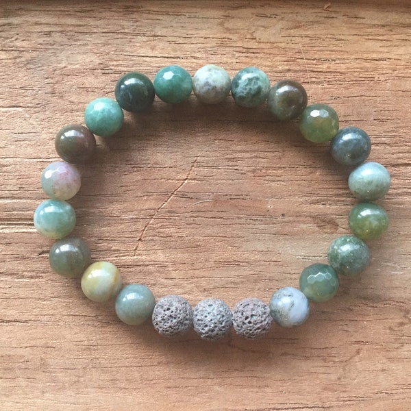 Aromatherapy Essential Oil Diffuser Bracelet - Natural Gemstones & Lava Stones - Chakra Healing - Intention - Mala Bead - Indian Agate