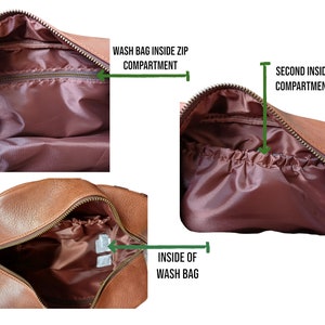 May include: Brown leather travel toiletry bag with a zippered compartment and an inner mesh pocket. The bag is open to reveal the interior lining.