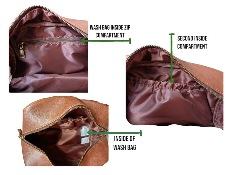 May include: Brown leather travel toiletry bag with a zippered compartment and an inner mesh pocket. The bag is open to reveal the interior lining.