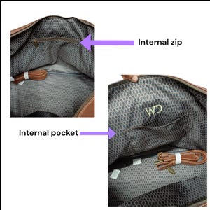 May include: The inside of a brown leather duffel bag with a black and white geometric pattern lining. The bag has an internal zippered pocket and a larger internal pocket with the initials "WD" embroidered on it.