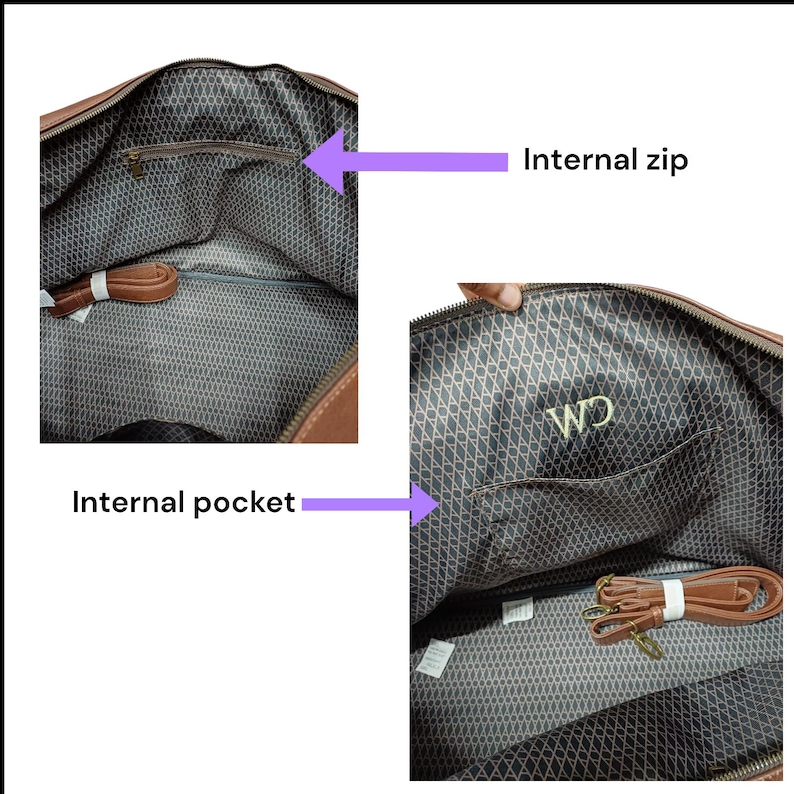 May include: The inside of a brown leather duffel bag with a black and white geometric pattern lining. The bag has an internal zippered pocket and a larger internal pocket with the initials "WD" embroidered on it.