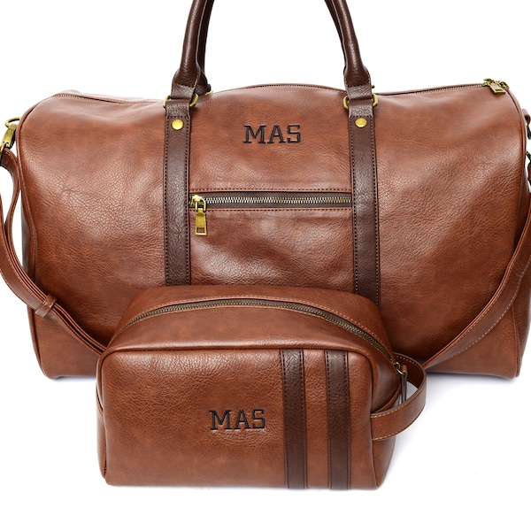 Travel bag SET. Weekender and dopp kit in brown,Cabin luggage, Personalized Groomsmen Gift, , Mens toiletry Bag, Groomsman Gift, cabin bag C