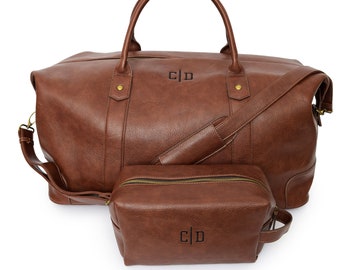 Personalized Faux Leather Duffle Bag Groomsmen Gift Set, Embroidered Travel Bag