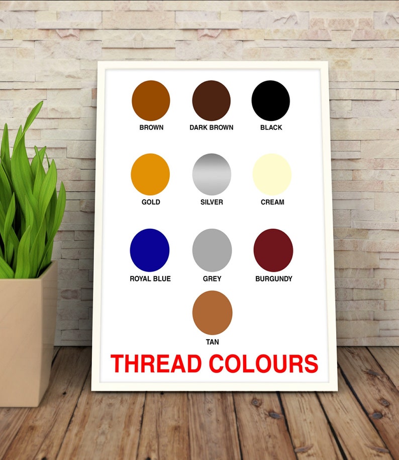 Pu&ograve; includere: Un grafico incorniciato bianco con il testo "THREAD COLORS" in basso. Il grafico mostra 10 cerchi di diversi colori con il nome del colore corrispondente sotto ogni cerchio: marrone, marrone scuro, nero, oro, argento, crema, blu reale, grigio, bordeaux e marrone.
