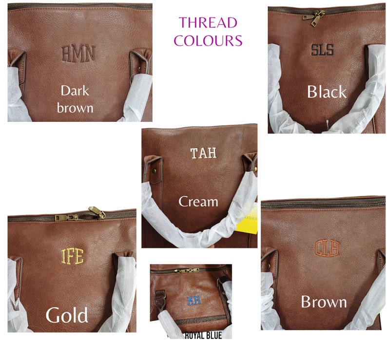 May include: A close-up of six brown leather tote bags with different colored thread. The bags have different initials embroidered on them. The thread colors are: dark brown, black, cream, gold, royal blue, and brown.