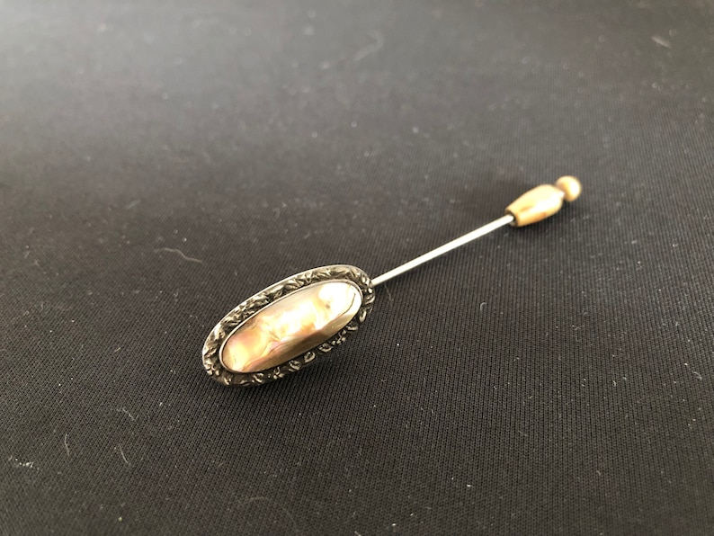 Sterling Silver Stick Pin Brooch with Blister Mother of Pearl Inlay Rare Antique Silver and Abalone Stick Pin