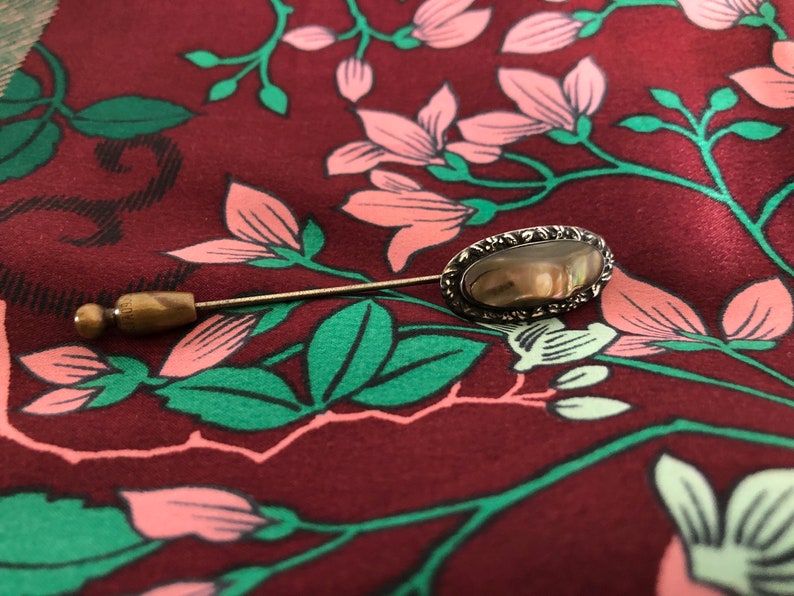 Sterling Silver Stick Pin Brooch with Blister Mother of Pearl Inlay Rare Antique Silver and Abalone Stick Pin