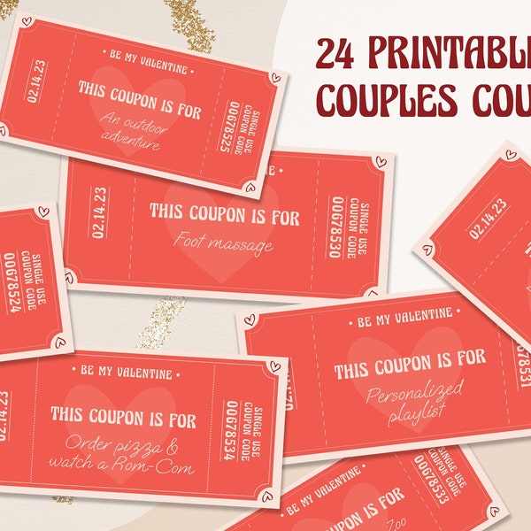 24 Printable Valentine's Day Coupons / Couples Vouchers / Cute Gift Idea for your loved one / Love coupon printable