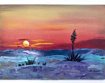 Desert Sunset Oil Painting 5x7 Original Landscape Art Red Sky Cactus Scene Southwest Wall Decor Small Canvas Gift Nature Impasto Style