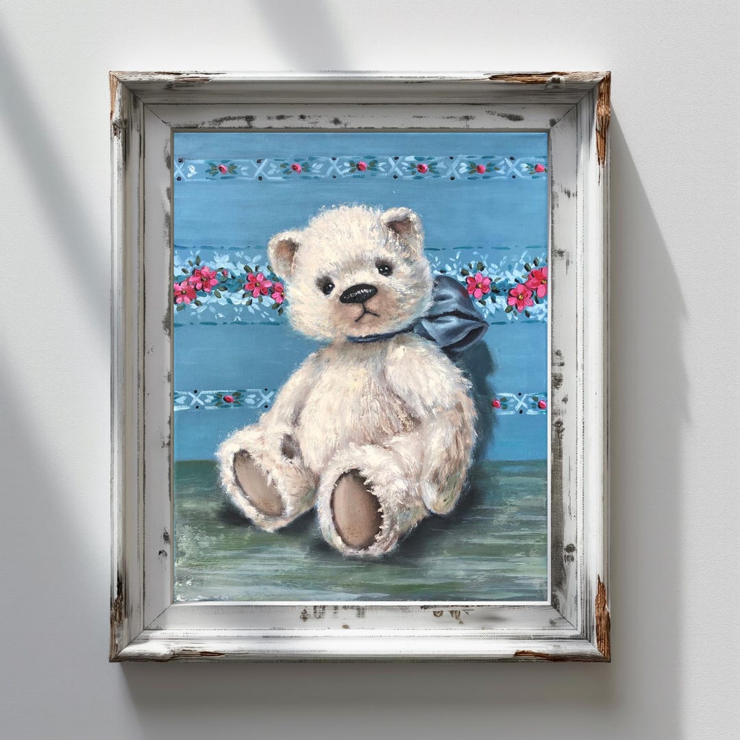 Teddy Bear Oil Painting 16x12 Original Wall Art Blue Vintage Nursery ...