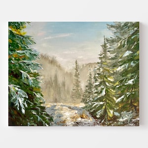 Winter Forest Landscape Oil Painting 12x16 | Snow Pine Trees Mountain Impasto Original Art on Canvas Panel | Rustic Cabin Nature Wall Decor