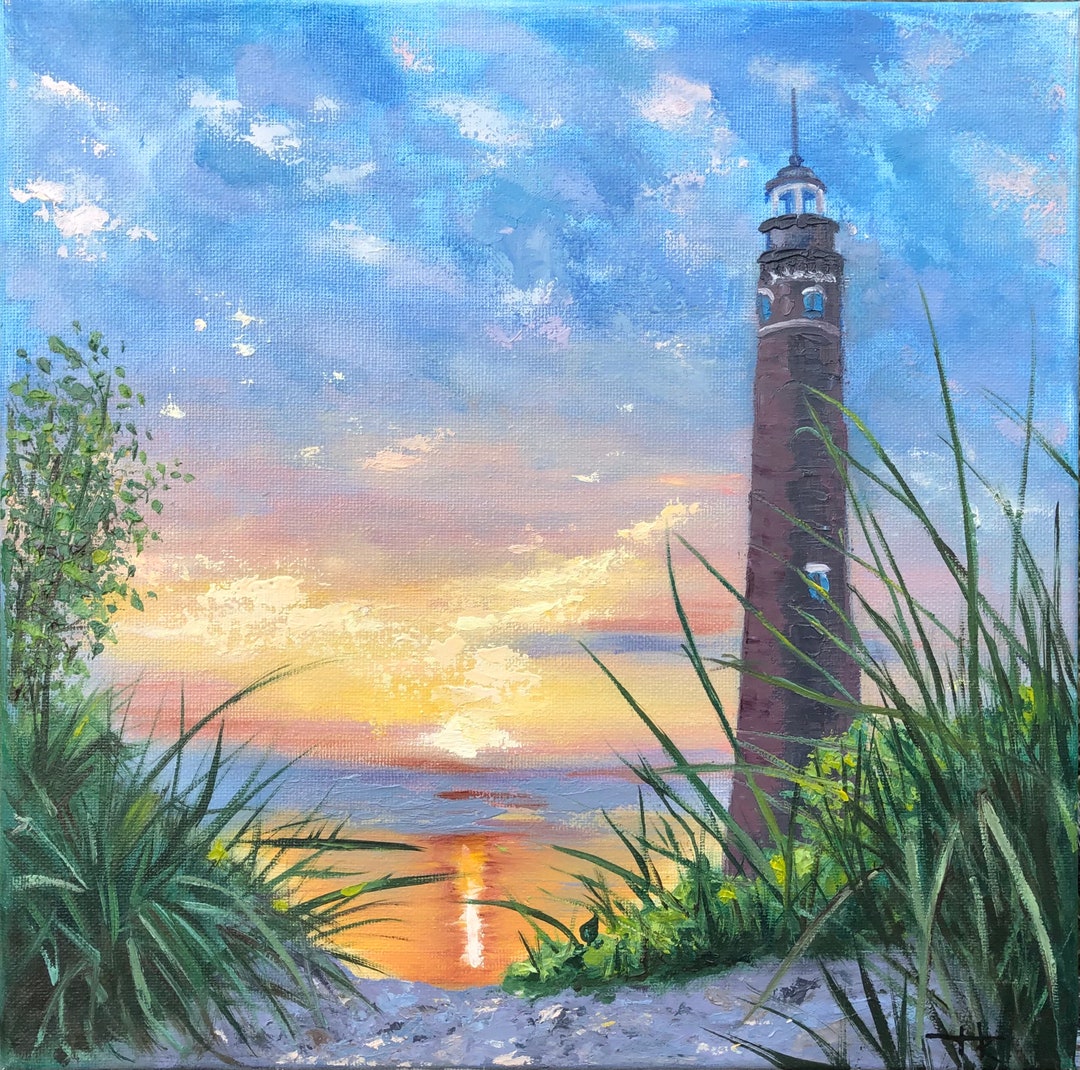 Lighthouse Oil Painting Sunset Beach Wall Art Original Coastal ...
