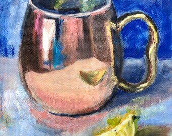Copper Mug and Lime on Ultramarine Blue Small 7x5 inch Original Oil Painting, Canvas Art, Mini Modern Still Life, Kitchen Wall Décor