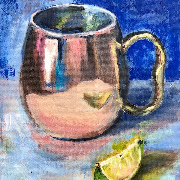 Copper Mug and Lime on Ultramarine Blue Small 7x5 inch Original Oil Painting, Canvas Art, Mini Modern Still Life, Kitchen Wall Décor