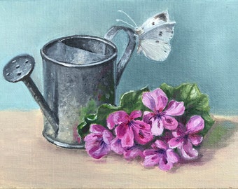 Original Oil Painting, 5x7 inch, Wall Decor, Canvas Art, Small Art, Flowers Butterfly Art, Cottagecore Garden Painting, Blue Pink Floral Art