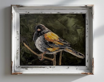 May include: A painting of a small bird with black, white, and yellow feathers perched on a branch against a dark green background.