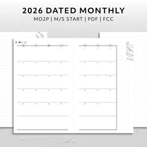 FCC, 2026 Dated Month on Two Page Monday Start Sunday Start MO2P Calendar Minimal Aesthetic Printable Planner Insert Functional Monthly