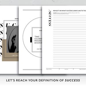 May include: A black and white printable planner with the word "Success" in bold letters. The planner includes sections for goal setting, success tips, and weekly reflection.