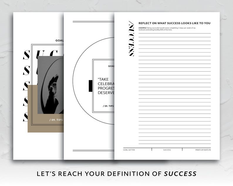 May include: A black and white printable planner with the word "Success" in bold letters. The planner includes sections for goal setting, success tips, and weekly reflection.
