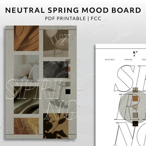 Könnte beinhalten: Ein neutrales Frühlings-Moodboard als PDF-Druckvorlage mit strukturiertem Hintergrund. Das Design zeigt eine Collage von Bildern in neutralen Tönen, mit dem Wort "SPRING" in einer stilvollen Schriftart. Ein zweites Board zeigt das Wort "SPRING".