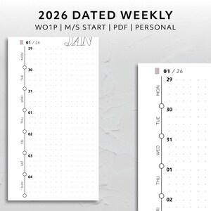 May include: A minimalist 2026 dated weekly planner page with a vertical timeline for each day of the week. The page is white with a dotted grid background and the month "JAN" is written at the top.