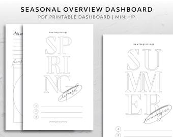 May include: White PDF printable dashboard with the text "SEASONAL OVERVIEW DASHBOARD" and "PDF PRINTABLE DASHBOARD | MINI HP". The dashboard includes the words "SPRING" and "SUMMER" in large letters, with the words "refresh" and "re-energize" in cursive.