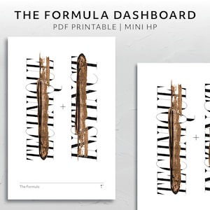 May include: White printable with the text "THE FORMULA DASHBOARD" and "PDF PRINTABLE | MINI HP". The design features the words "TECHNIQUE" and "INSTINCT" in black, with gold brushstroke accents. The bottom of the print reads "The Formula".