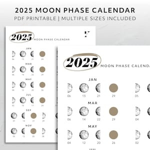 Calendario de fases lunares 2025 para imprimir Fechas de las fases lunares Referencia para el tablero del planificador Regalo imprimible para amantes de la luna Calendario astrológico