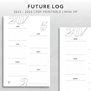 ミニ HP、2025 2026 未来ログカレンダー 年間概要プランナー 将来の日付 今後のイベント ミニマルな美的印刷可能なプランナーインサート
