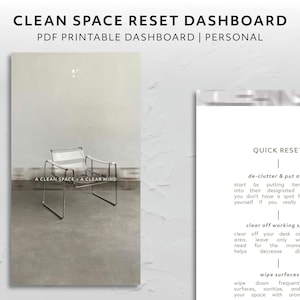May include: A printable checklist for cleaning and organizing your workspace. The checklist includes three steps: de-clutter and put away, clear off working space, and wipe surfaces. The text "A clean space, a clear mind" is at the bottom of the page.