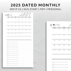 Personal, 2025 Dated Month on One Page Monday Start Sunday Start MO1P Calendar Minimal Aesthetic Agenda Printable Planner Insert Functional