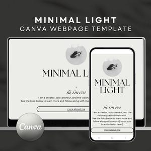 以下が含まれることがあります： 「Minimal Light」と「hi, I'm eve」という黒いテキストが白い背景に表示された、ミニマルなウェブページテンプレートのデザイン。テンプレートには、「もっと詳しく」というテキストの行動喚起ボタンがあります。