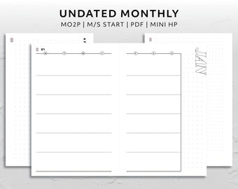 Mini HP, Undated Month on Two Page Monday Start Sunday Start MO2P Calendar Minimal Aesthetic Reusable Printable Planner Insert Functional
