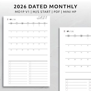 Könnte beinhalten: Eine minimalistische, undatierte Monatsplanerseite für 2026 mit einem Kalenderlayout mit Wochentagen oben und nummerierten Daten. Enthält einen Abschnitt für Notizen und To-Do-Listen. Das Wort "JAN" steht oben.