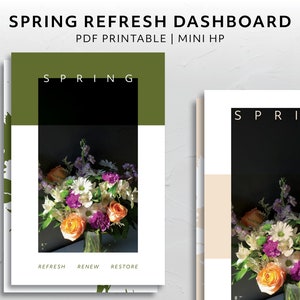 Könnte beinhalten: PDF-druckbares Dashboard mit einem Blumenarrangement in einer Glasvase. Das Design zeigt das Wort "SPRING" in weißem Text, mit den Wörtern "REFRESH", "RENEW" und "RESTORE" unten. Der Hintergrund ist eine Mischung aus Grün, Schwarz und Weiß.