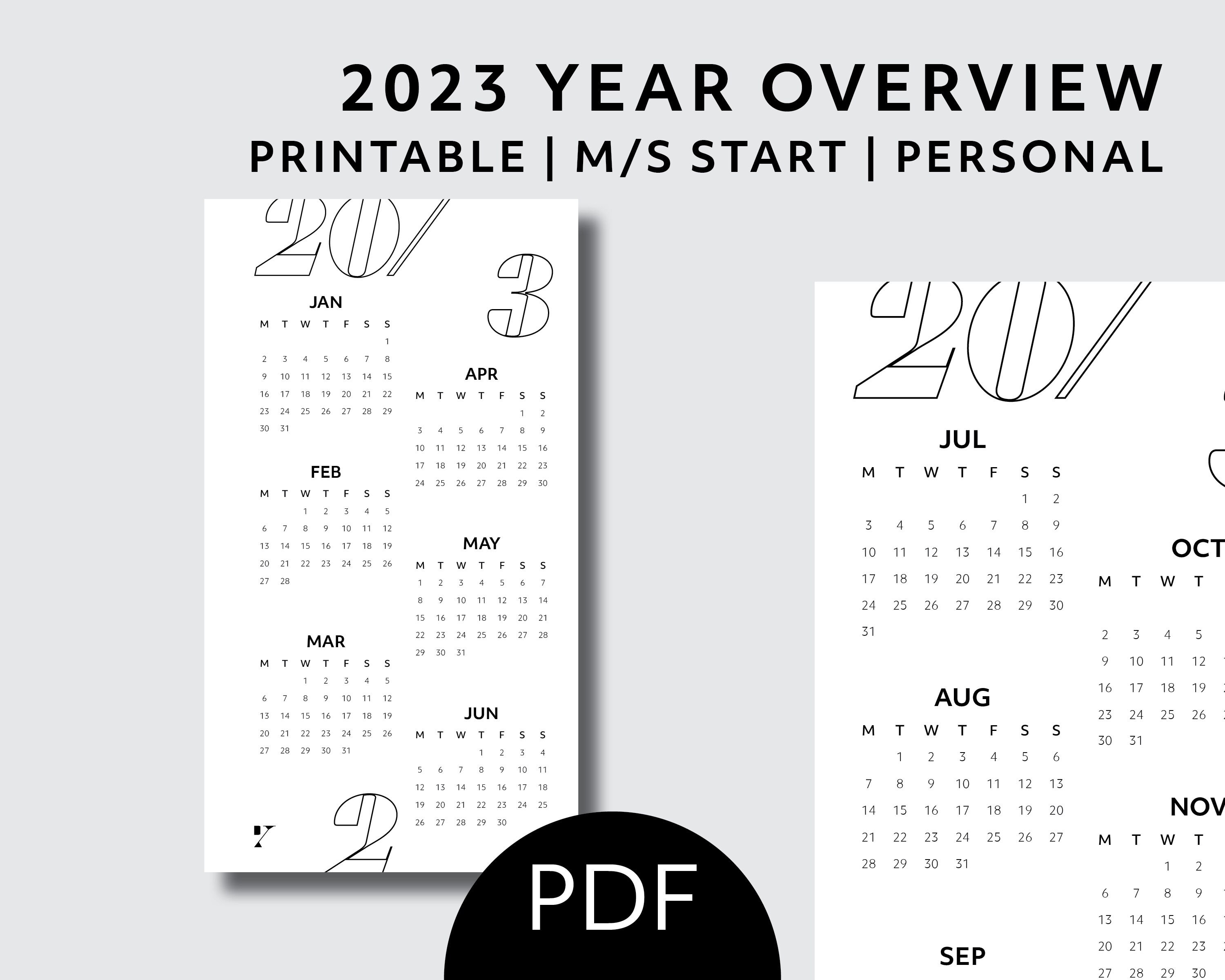 Personal 2023 Year Overview, Monday Start, Sunday Start, Year at A