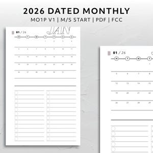FCC, 2026 Dated Month on One Page Monday Start Sunday Start MO1P Calendar Minimal Aesthetic Agenda Printable Planner Insert Functional