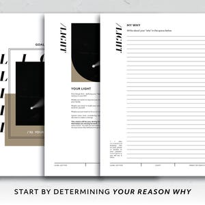 May include: A black and white printable goal setting worksheet with the text "Your Light" and "My Why". The worksheet includes a section to write about your goals and a section to write about your "why".