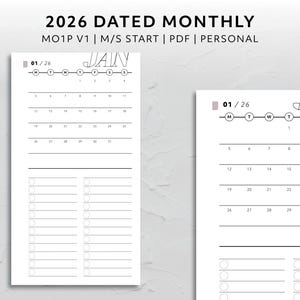 Könnte beinhalten: Eine weiße Monatsplanerseite für 2026 mit dem Monat Januar. Die Seite enthält ein Kalenderraster, eine Liste mit Kontrollkästchen und den Text "2026 DATED MONTHLY". Das Datum ist der 26.01.