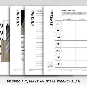 May include: A black and white printable planner with the text "Weekly Overview", "Action Steps", and "Details". The planner includes a section for each day of the week, with space to write down action steps and details for each day. The text "BE SPECIFIC, MAKE AN IDEAL WEEKLY PLAN" is at the bottom of the page.