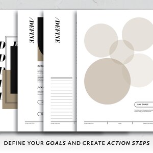 May include: A printable goal-setting worksheet with a black and white design. The worksheet includes sections for defining goals, creating action steps, and mapping out progress. The worksheet is designed to help users achieve their goals.