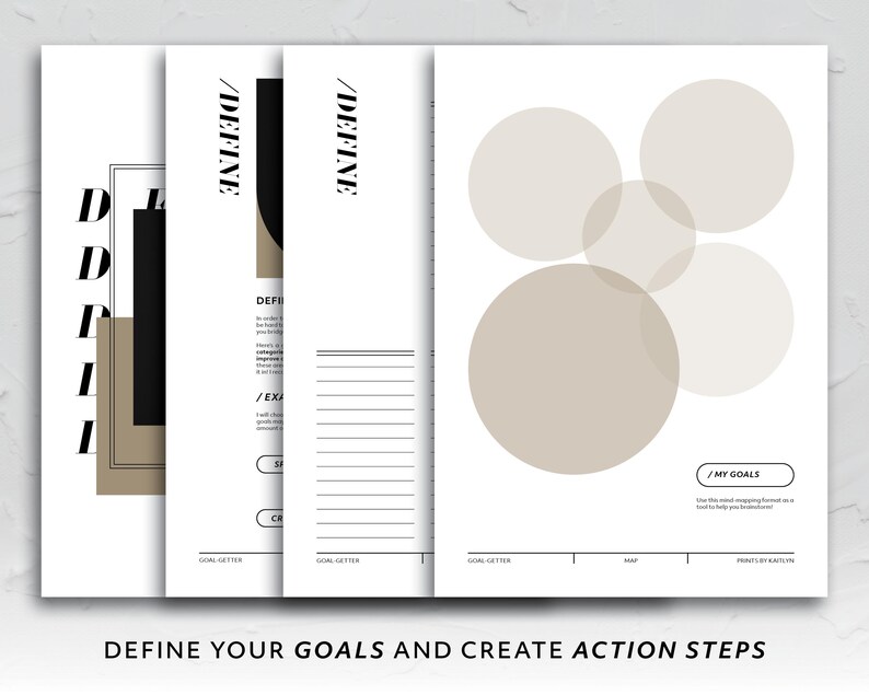 May include: A printable goal-setting worksheet with a black and white design. The worksheet includes sections for defining goals, creating action steps, and mapping out progress. The worksheet is designed to help users achieve their goals.