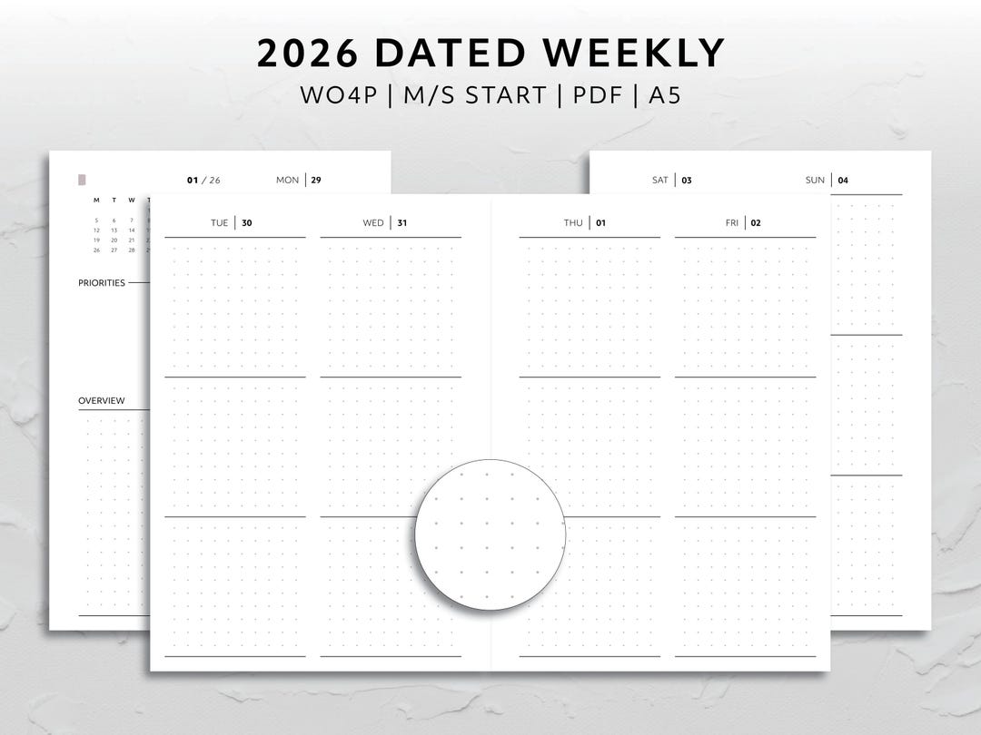 A5, 2026 Dated Vertical Week on Four Page Monday Start Sunday Start ...