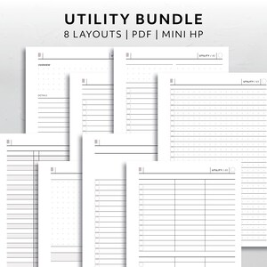 Puede incluir: Un conjunto de páginas de planificador blancas con varios diseños, incluyendo formatos rayados, punteados y de lista de verificación. El texto "UTILITY BUNDLE" está en la parte superior, junto con "8 LAYOUTS | PDF | MINI HP". Las páginas están diseñadas para la organización y la planificación.