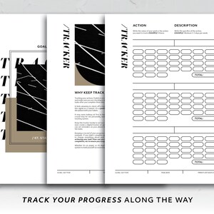 May include: A black and white printable goal tracker with the text "TRACKER" and "WHY KEEP TRACK" in bold. The tracker has sections for action, description, and total. There are 3 sections for tracking progress.