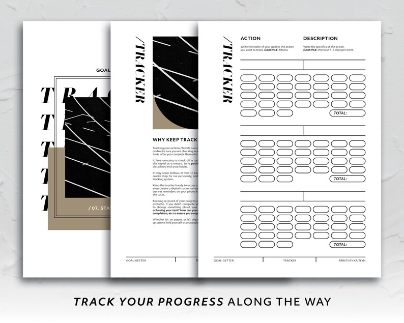 May include: A black and white printable goal tracker with the text "TRACKER" and "WHY KEEP TRACK" in bold. The tracker has sections for action, description, and total. There are 3 sections for tracking progress.