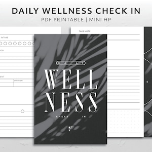 Könnte beinhalten: Ein schwarz-weißer druckbarer täglicher Wellness-Check-in-Tracker mit Abschnitten für Wasseraufnahme, Ernährung, Bewegung, Stimmung und einem Abschnitt zum Notieren. Der Tracker hat ein minimalistisches Design mit einem schwarz-weißen Blatt-Muster.