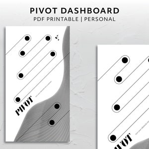 Könnte beinhalten: Schwarz-weiß druckbares PDF-Dashboard mit dem Titel "PIVOT DASHBOARD". Das Design zeigt diagonale Linien mit schwarzen Kreisen und ein graues Wellenmuster. Der Text "turn your obstacle into a solution" ist ebenfalls enthalten.
